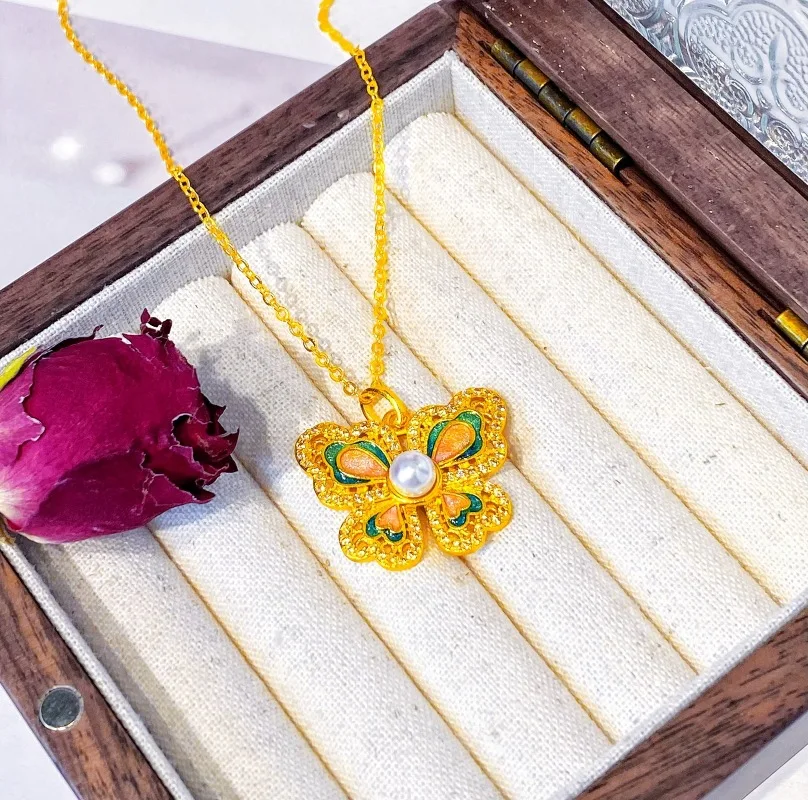 18 Kt Gold Color Butterfly Pearl Pendant Necklace Exquisite Collarbone Chain Fine Jewelry Valentine's Day Birthday Gifts