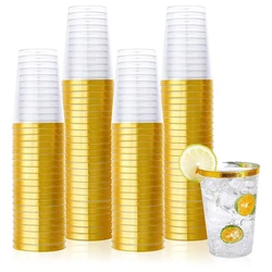 50/10pack 12oz Gold Plastic Cups -Premium Gold Rimmed Plastic Disposable Cups Tumblers for Elegant Weddings, Nice Celebrations