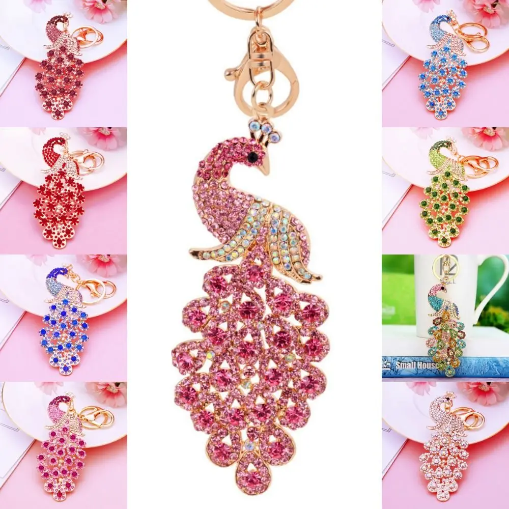 Fashion Colorful Peacock Keychain Hollow Peahen Rhinestone Crystal Keyring Crafts Peafowl Bag Charm Pendant Handbag