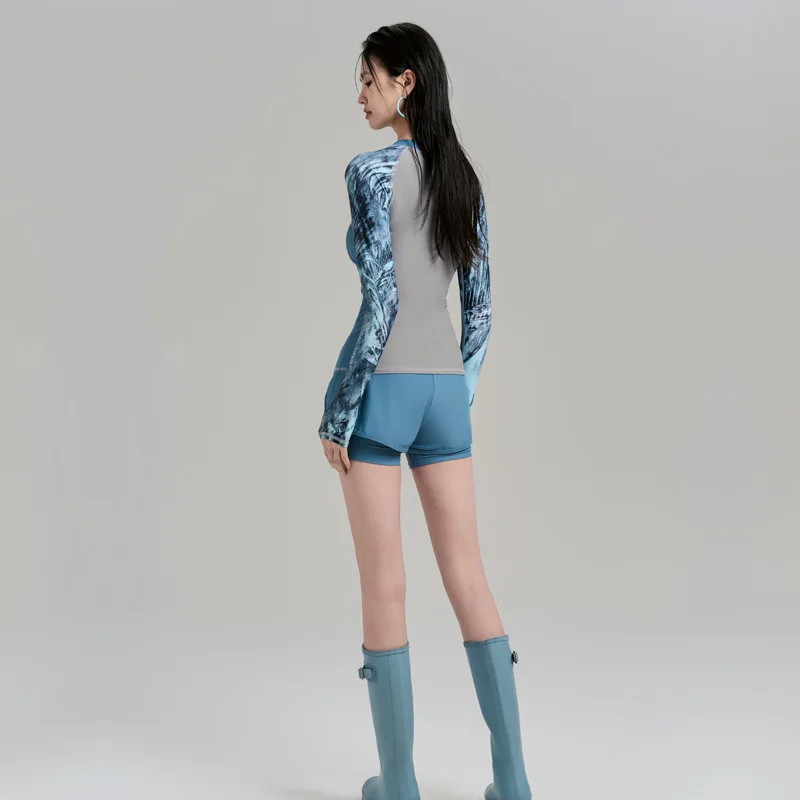 New Women Large Size Long Sleeve Split Swimsuit Splicing Print Rash Guard Zipper Top Double Layer Swim Shorts Beach Surf Suit