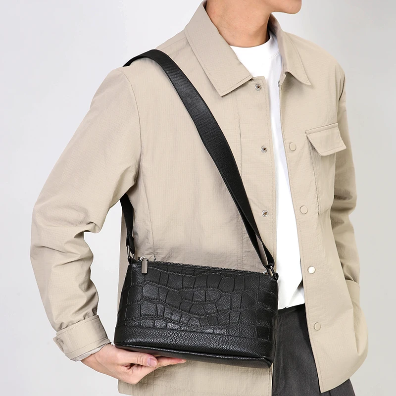 Men's Crossbody Bag Top Layer Cowhide Large Capaci Commuter Bag Busin Single oulder Bag with Crocodile Pattern