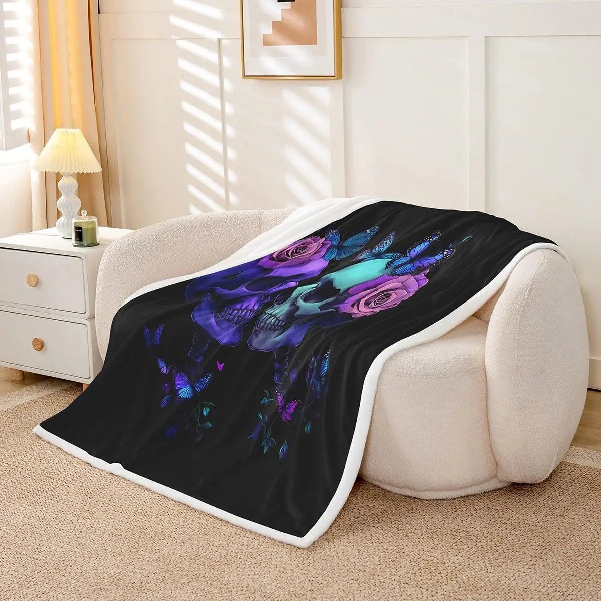 Skull and rose blanket purple butterfly art gothic design soft throw dark romance decor bedroom textile edgy home accessory