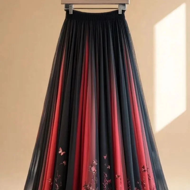 New Fashion Floral Printed Skirt Women Summer Elegant Folds Casual Loose Contrast Color A-Line Umbrella Skirts Holidays Jupe