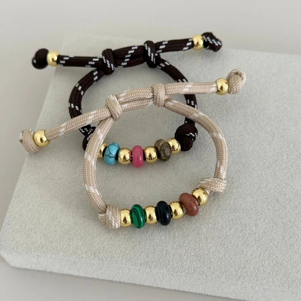 Boho Natural Stone Beaded Bracelets Women Bead Adjustable Drawstring Rope Bracelet Vintage Hand‑Knotted Woven Cord Wrist Jewelry