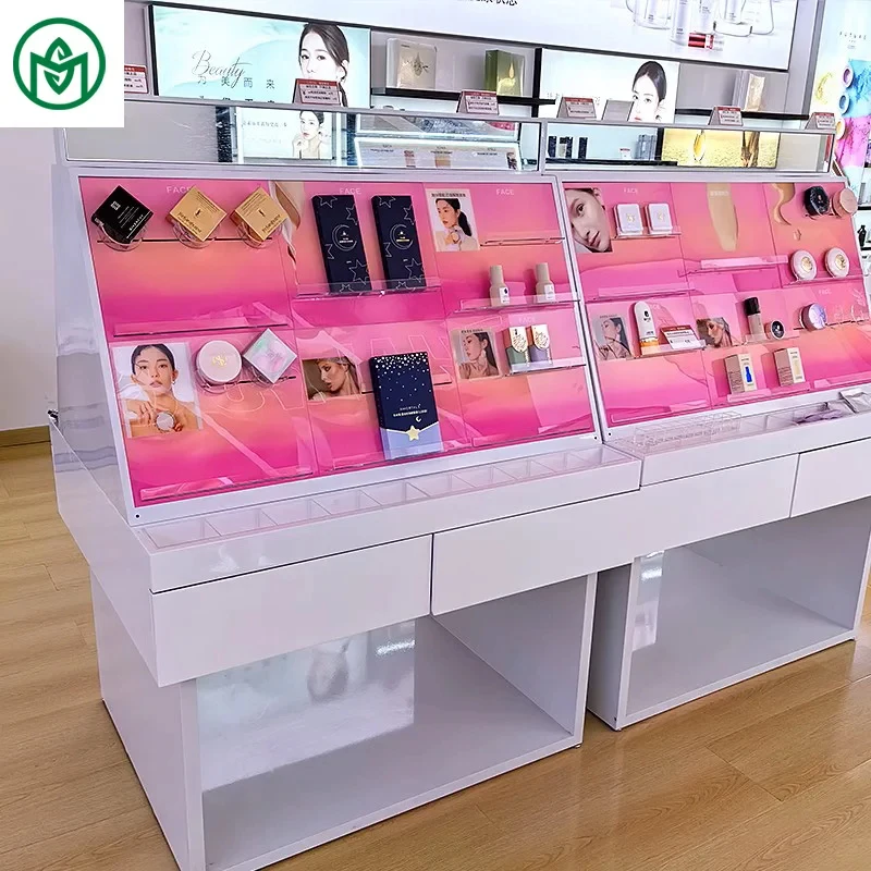 custom.Luxury Customizable LED Lights Cosmetic Display Racks White Baked Paint Showcases Perfume Shops Factory-Customi