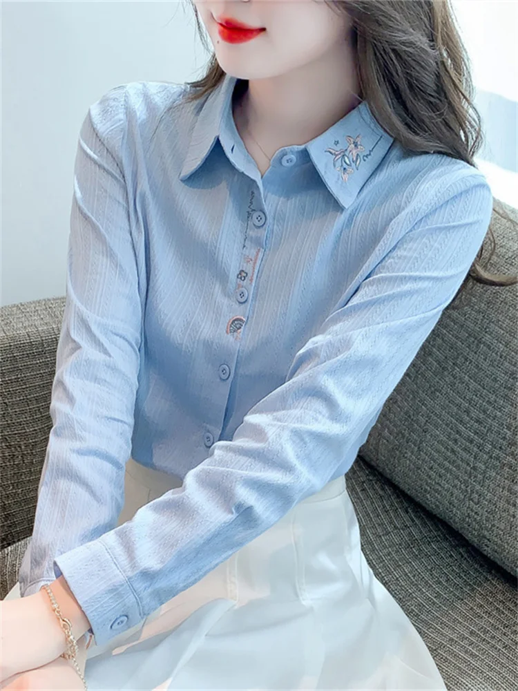 

Женская блузка Ele из чистого хлопка с длинным рукавом и воротником, с художественной вышивкой, белая, повседневная, модная, весна-осень