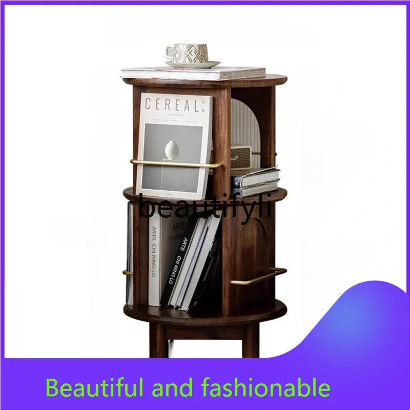 

XZQNorth American black walnut solid wood rotating bookshelf sofa side cabinet corner few TV side cabinet bookcase