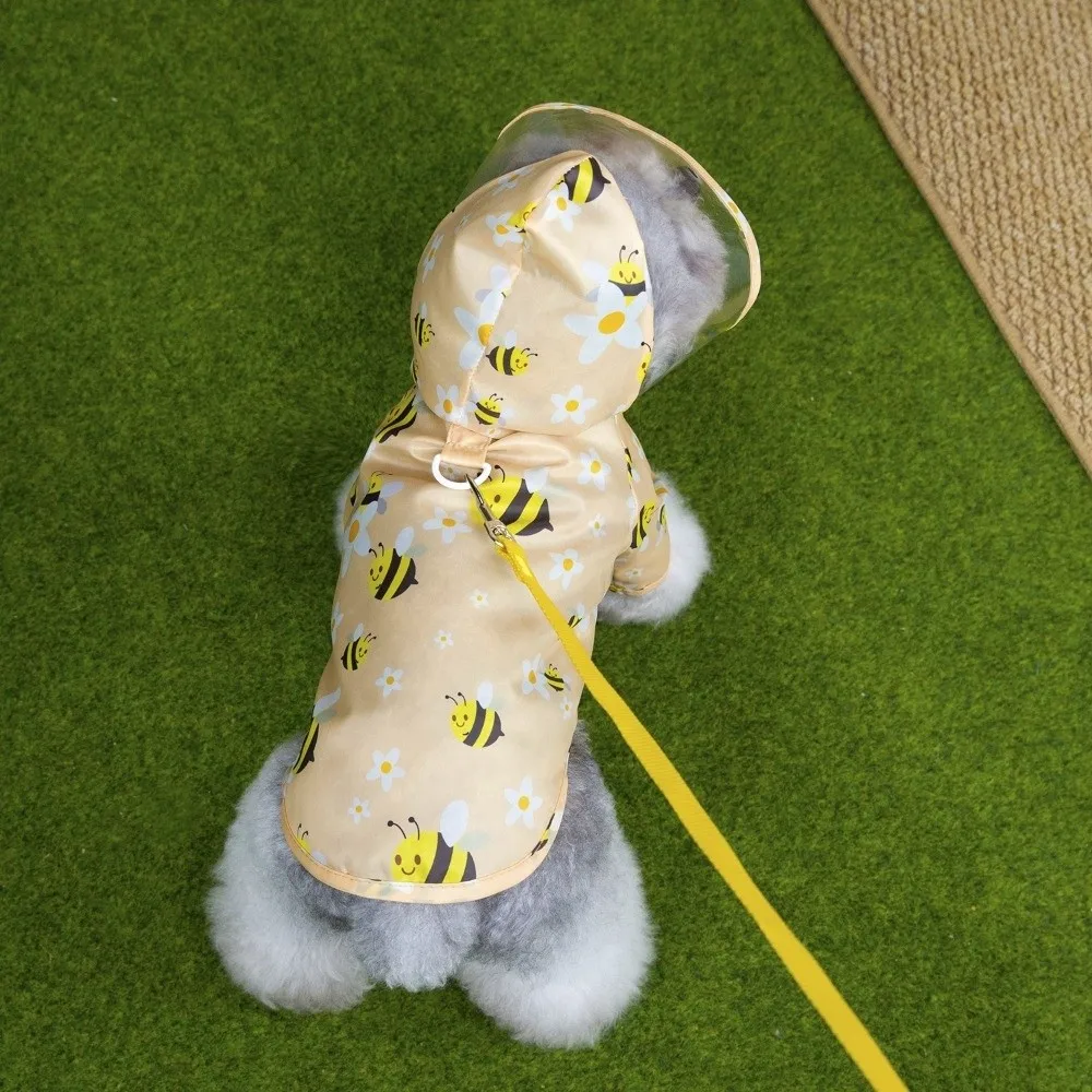 Pet Clothing Cartoon Bee Print Dog Hooded Raincoat Light Thin PVC Puppy Rain Poncho with D-ring Pet Waterproof Cloak Outdoor
