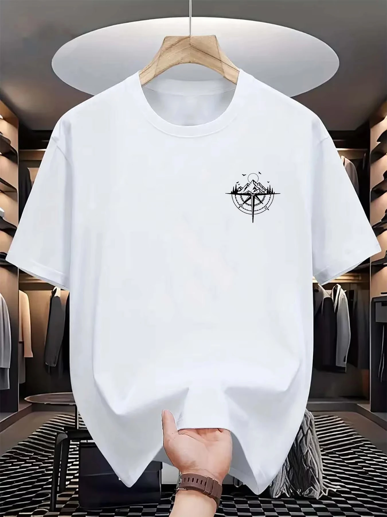 Summer Men's 100% Cotton Mountain Compass Graphic Printed Casual Loose Sports Comfortable Round Neck Short Sleeve T-shirt Top