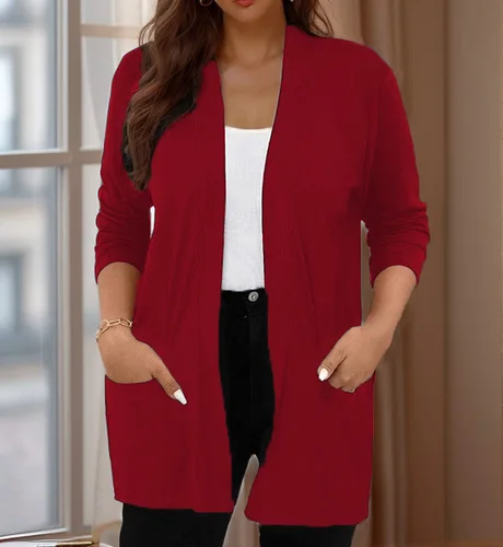 Imagen 2 del producto Cárdigan elegante de talla grande para mujer, con un color puro único, mangas largas, tapeta frontal y tejido de alta elasticidad, sui