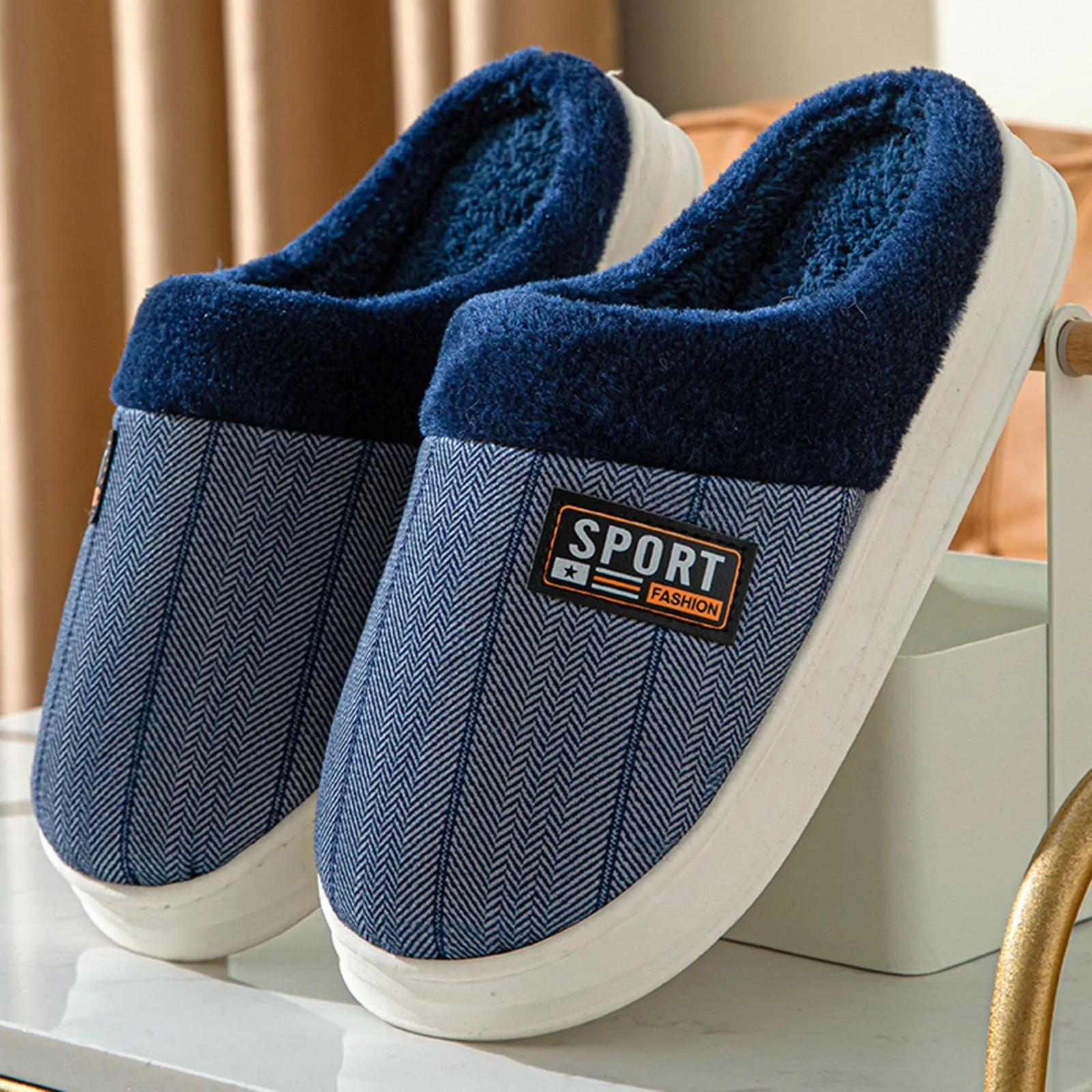 Autumn Winter Men's Home Slippers Thick Sole Cotton Chanclas Warm Non-Slip Indoor Furry Slides Comfortable Man Sandales Plates