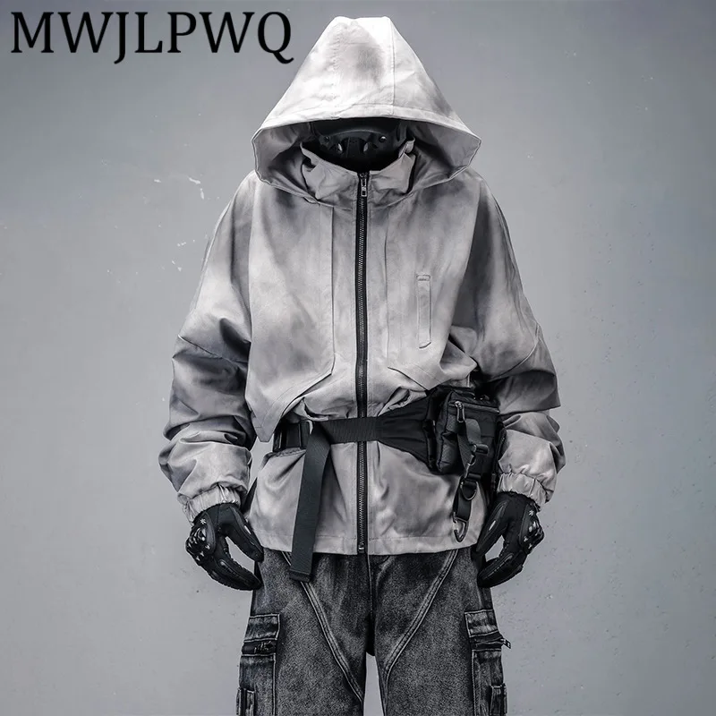 

MWJLPWQ винтажная свободная куртка с капюшоном и воротником-стойкой тай-дай, мужская осенне-зимняя функциональная теплая куртка на флисовой подкладке 12687