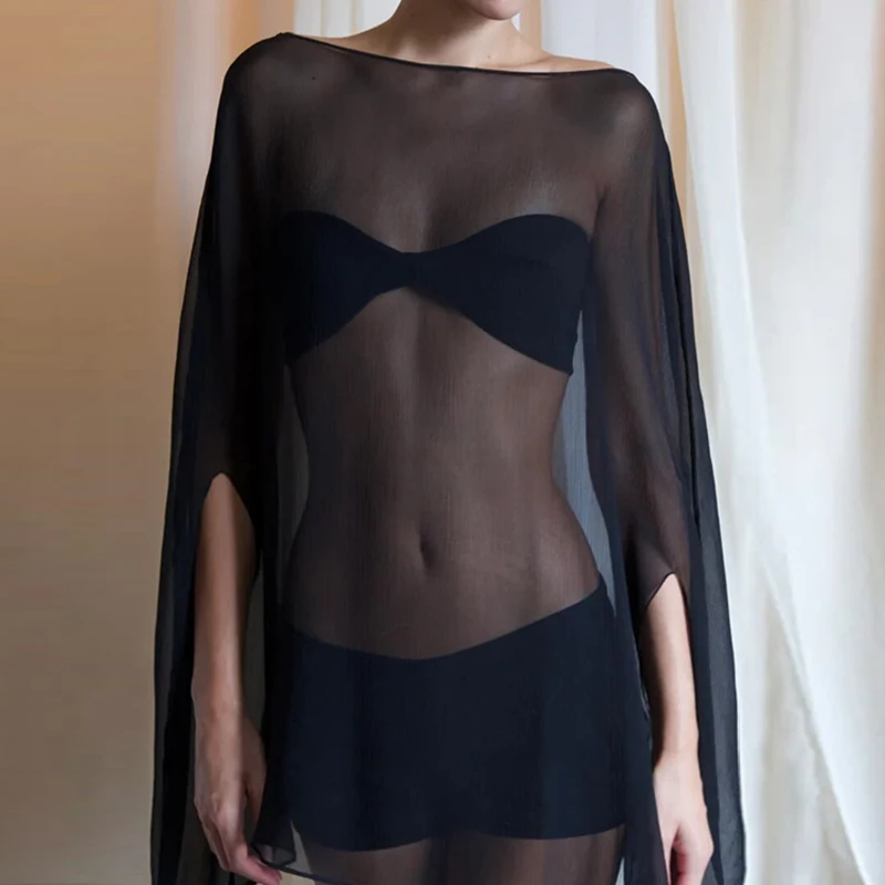 Elegant O-neck Chiffon Pullover Cover-ups Women Casual Cape Sleeve Solid Color Bikini Blouse Fashion Sheer Perspective Loose Top