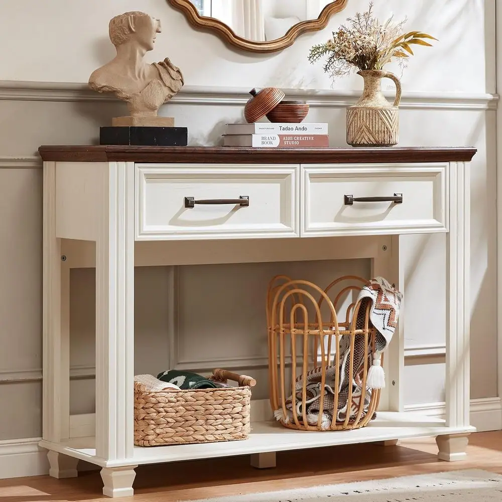 

Rustic 46 Wood 2-Tier Entry Table with Storage Shelf, Large Vintage Sofa Table for Living Room, White