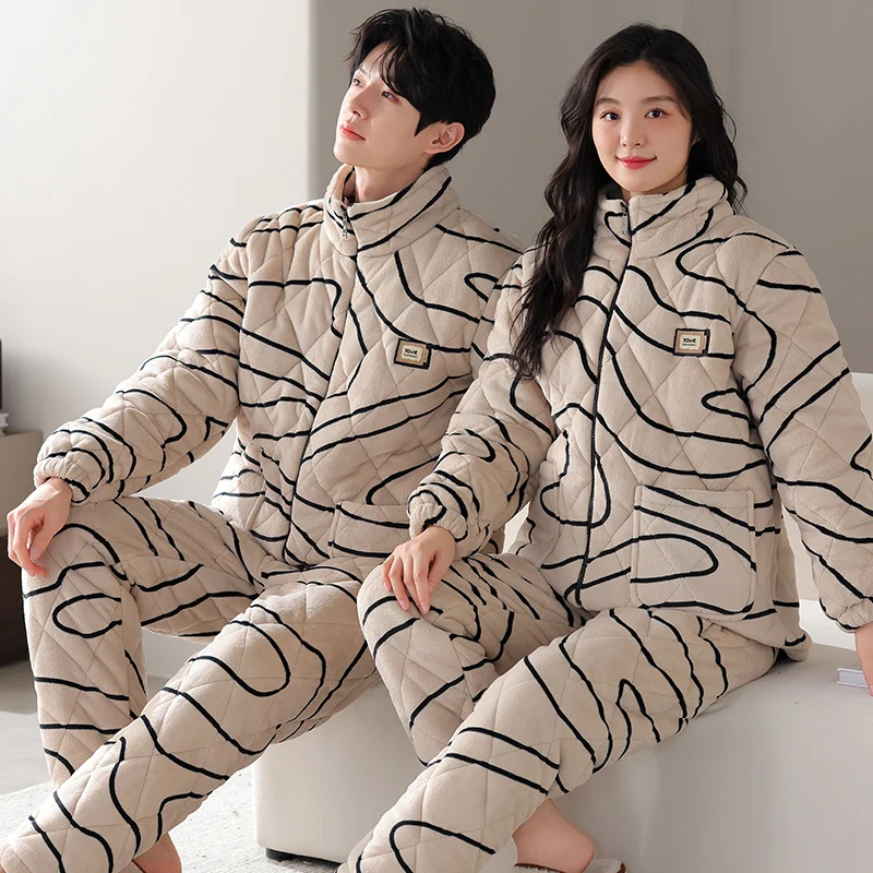 High Quality Couple Pajamas Set Winter 3 Layer Clip Cotton Pyjamas Lovers Thick Warm Hooded Home Clothing