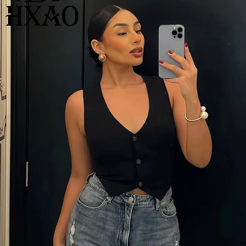 

HXAO 2025 Women Vest New Outerwear White Black Waistcoat Women Crop V-Neck Sleeveless Vest Women Elegant Ladies Fashion Gilets