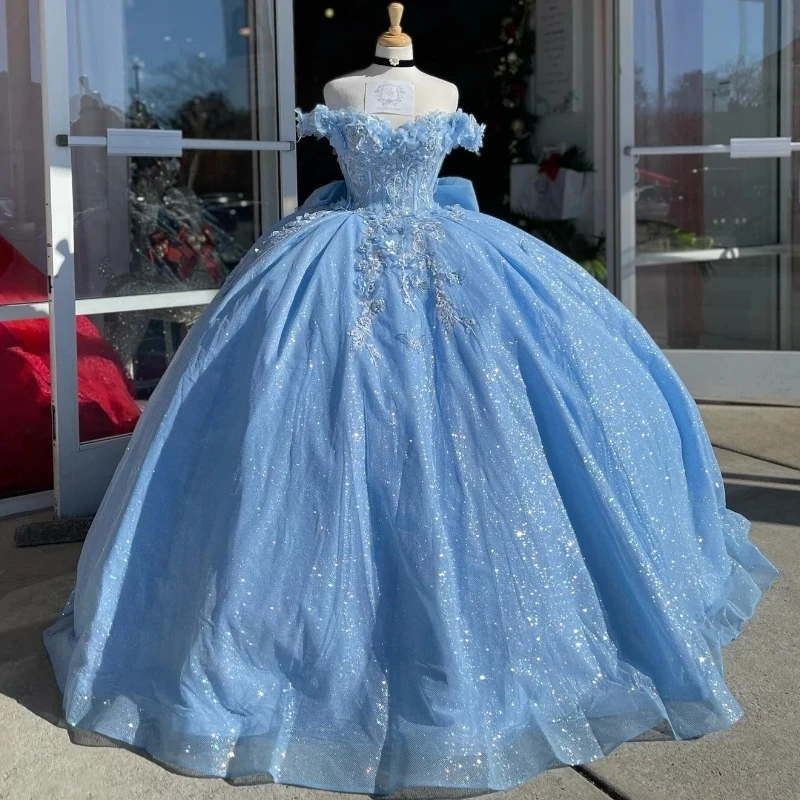 

Sparkly Sky Blue Ball Gown Quinceanera Dress Elegant Luxury Prom Dresses 3D Floral Appliques Lace Party Lace Birthday Dresses