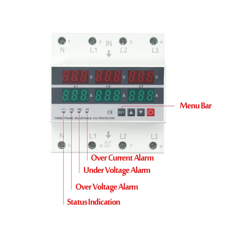 3P4W Over and Under Voltage Protector Voltmeter Ammeter Monitor Relays Adjustable 3 Phase 3P+N Din Rail Current Limit Protection