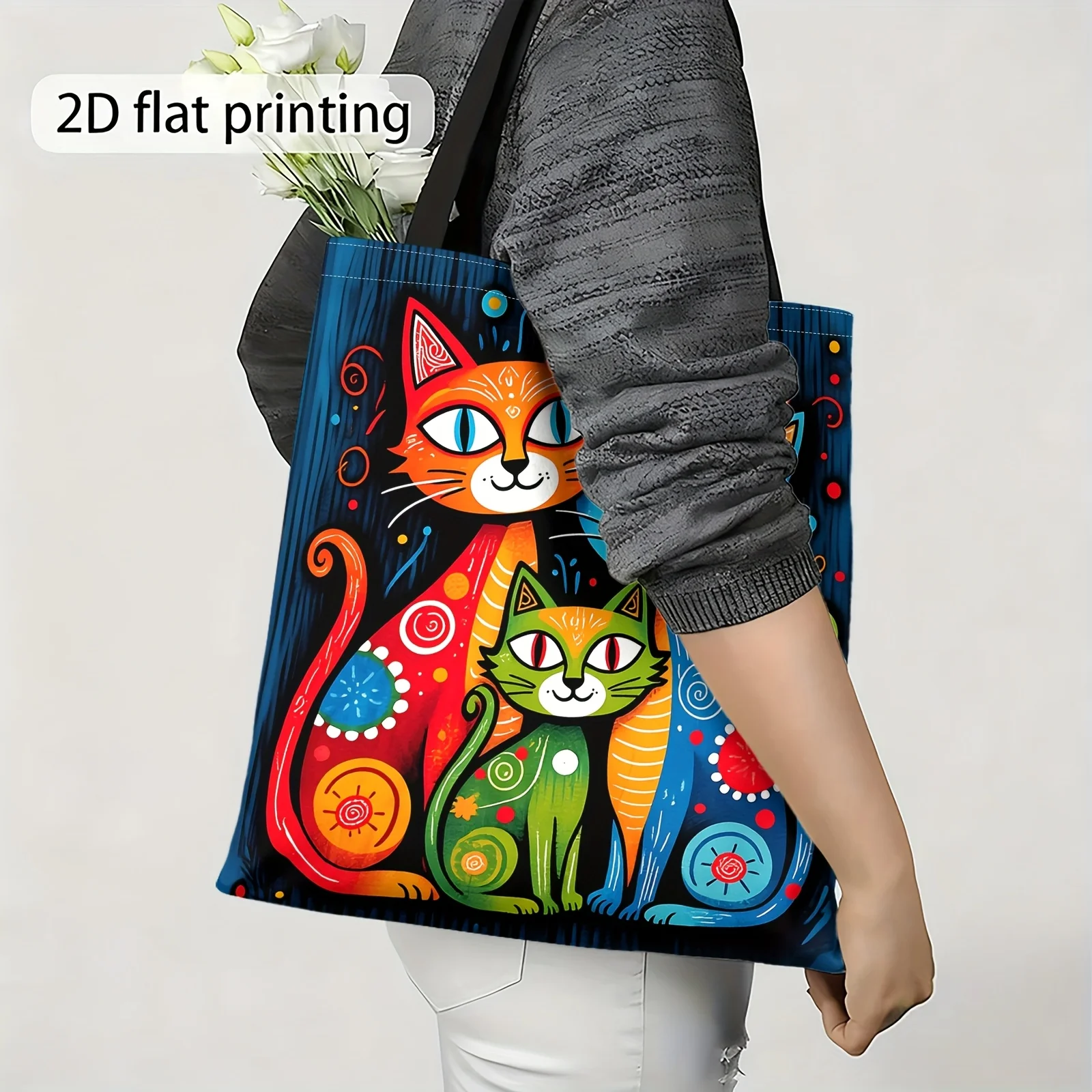 2D Printed Tote Bag Colorful Cat Pattern Tote Bag, Reusable Shopping Bas Handbag Women's Shoulder Pouch