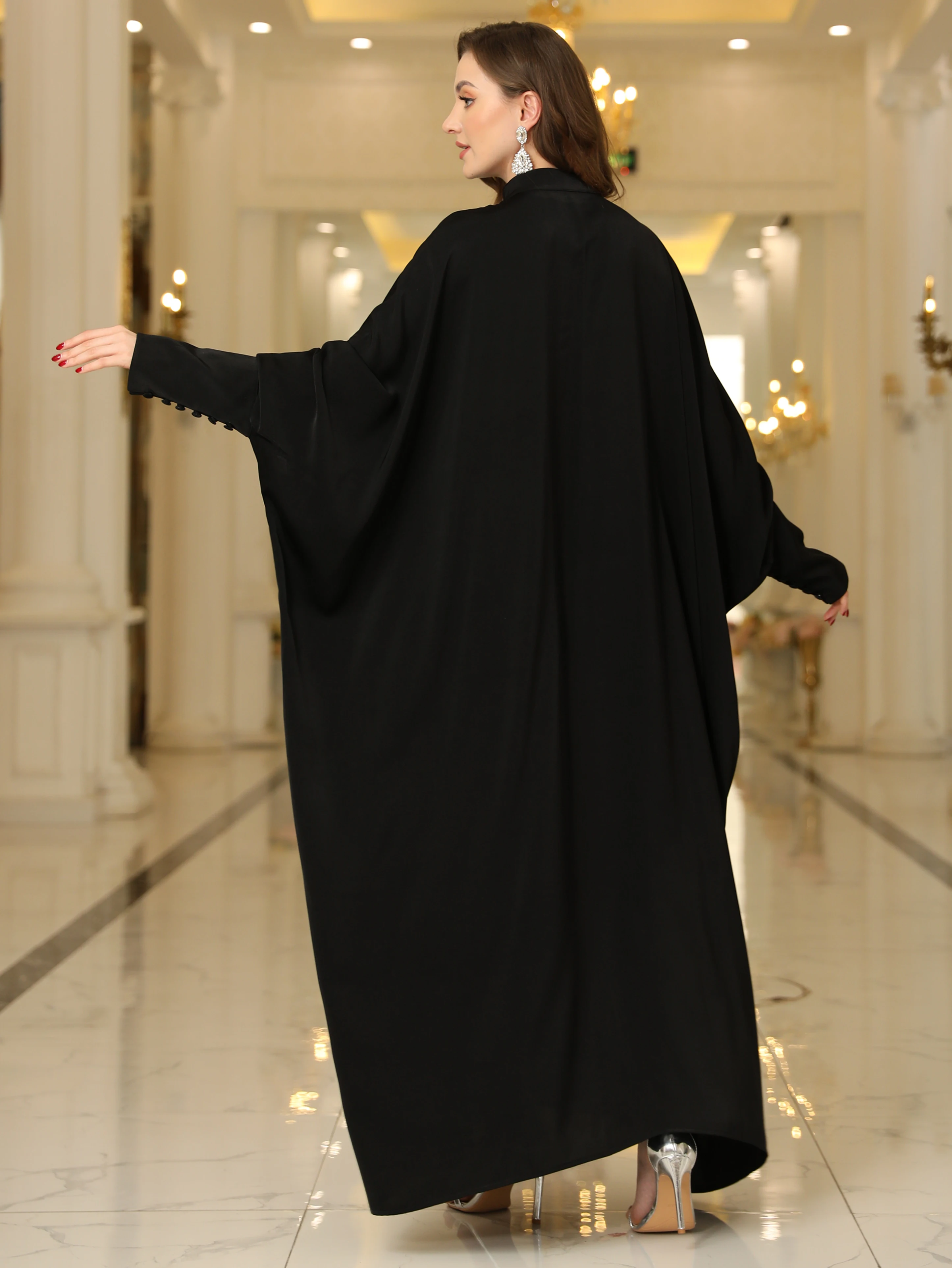 Ramadan Abaya Kaftan Sukienka dla kobiet, skromna sukienka maxi z rękawami w kształcie skrzydła nietoperza, jednolity kolor, guziki z przodu, odzież damska