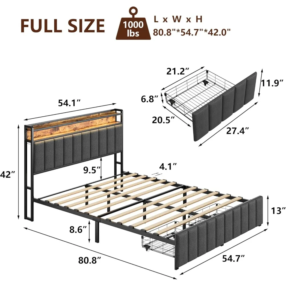 Full Size Bed Frame with 2 Storage Drawers and LED Lights Headboard, Upholstered Full Bed Frame with Charging Statio