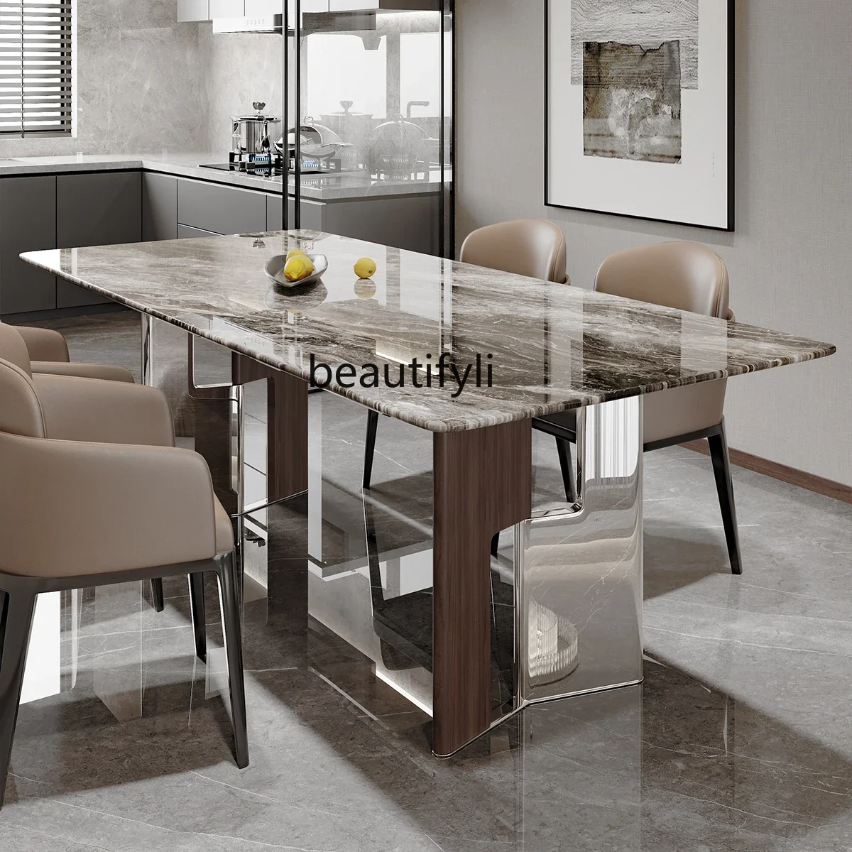 

Natural marble dining table rectangular light luxury minimalist dining table small apartment luxury stone high-end feeling