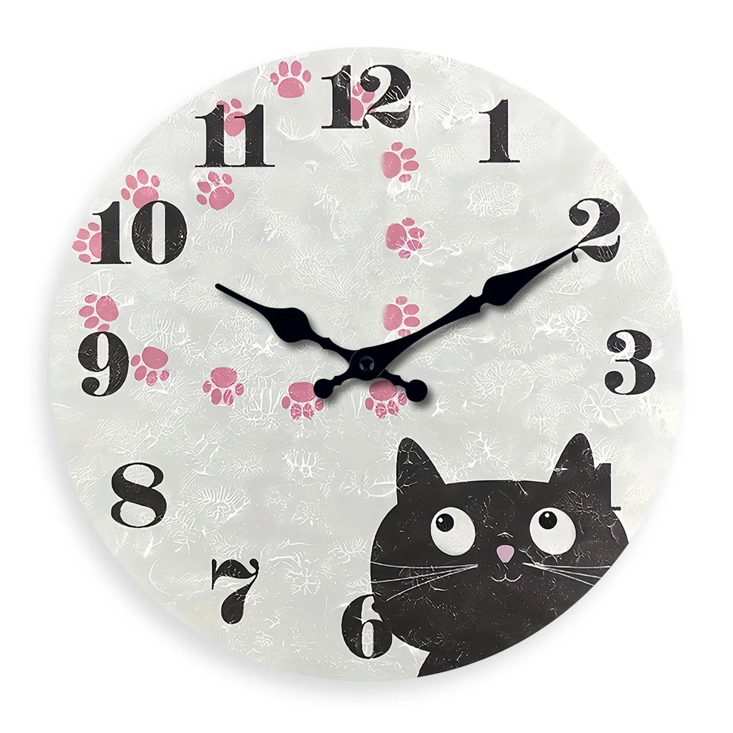 Personalized Cute Black Cat Paw Print Heart Pattern Wooden Wall Clock Living Room Bedroom Kitchen Home Decoration Silent Quartz Clock Holiday Gift 10 Inches 12 Inches 14inch 16inch (No Battery)