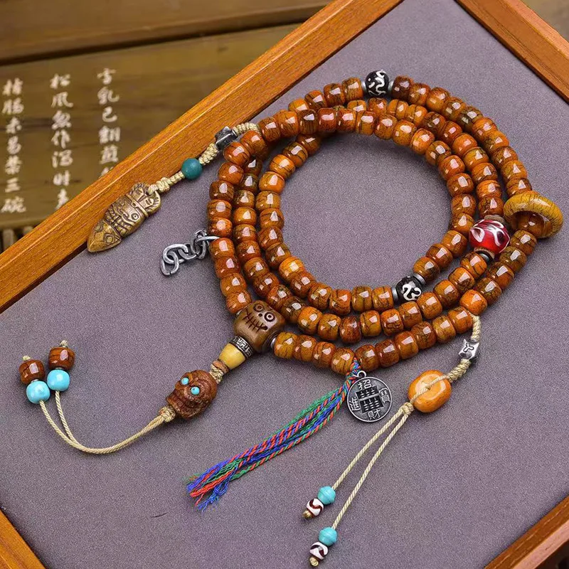 Tibetan-style returned , 108-bead Buddhist prayer beads, necklace with yak bone, turquoise, copper clasp, and Pixi