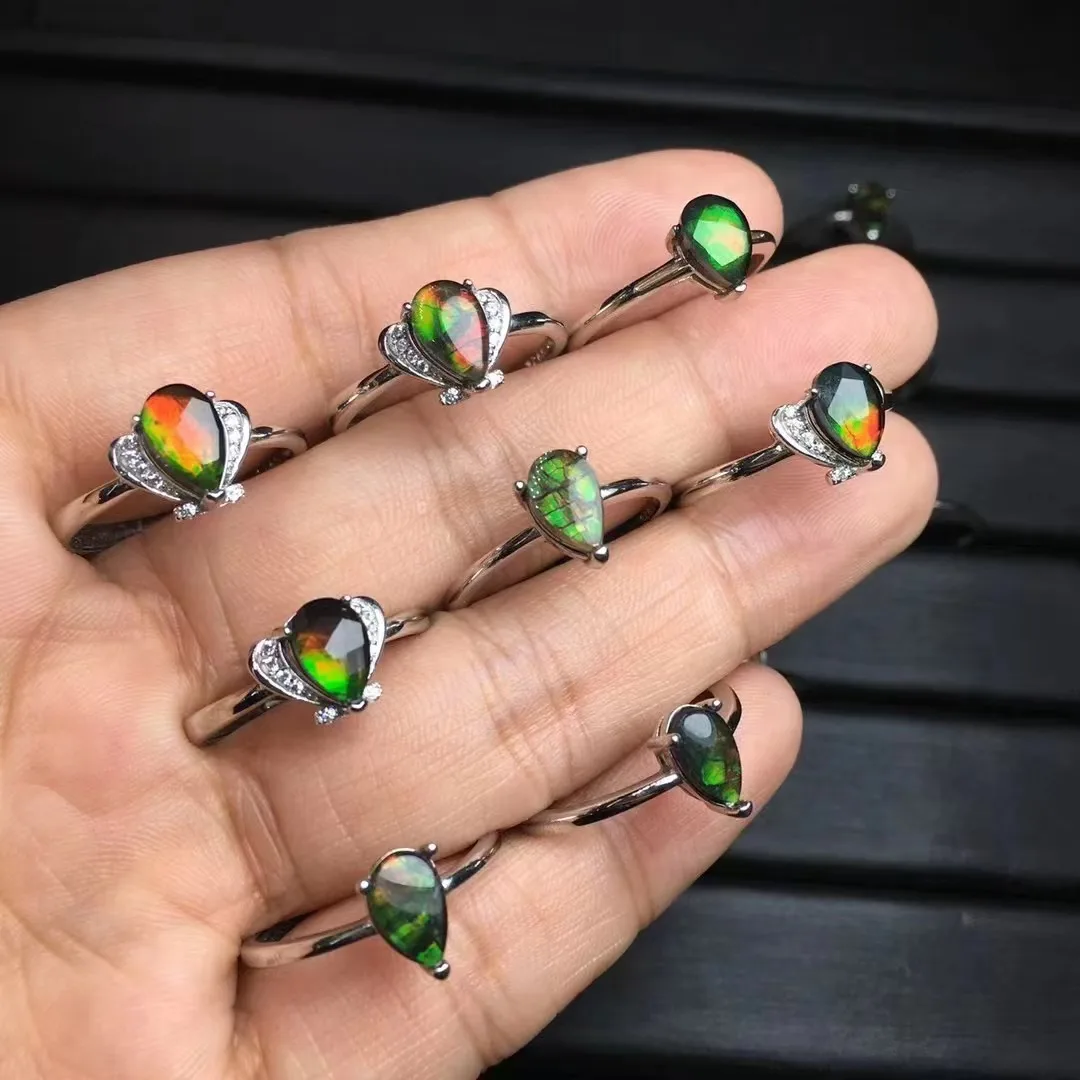 Unit One Piece Natural Ammolite Stone Crystal Healing Designed Drop Shape rings