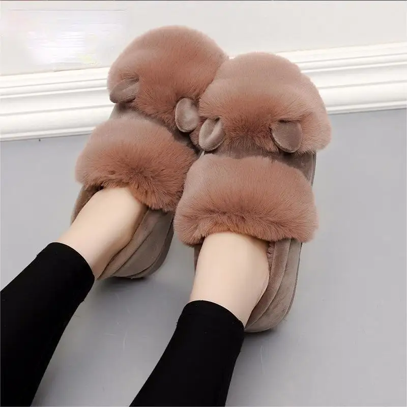 Pantoufles de dessin animé pour femmes, décor d'oreille, toboggans moelleux pour couples, chaussures d'intérieur chaudes en coton pour dames, hiver