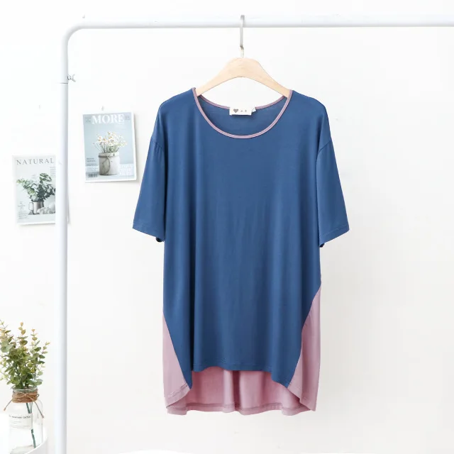 Female Modal Patchwork Color Sleep Tops Sexy Round Neck Nightwear Casual Asymmetrical Home Clothing Cozy Nightshirt Loungewear