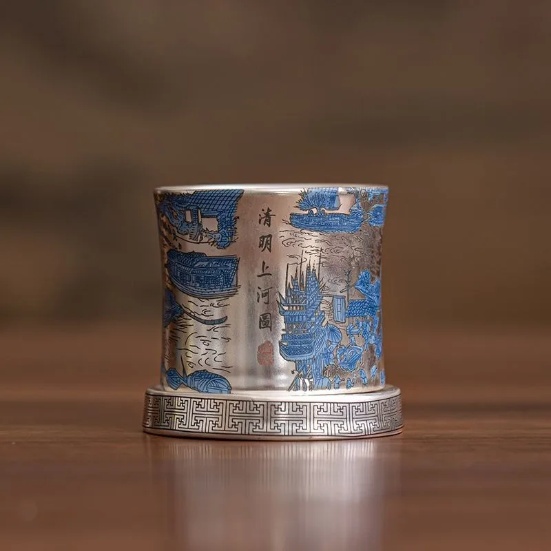 Exquisite Along the River During Qingming Festival Silver Inlaid 999 Pure Silver Porcelain Swivel Master Tea Cup Kung Fu Teas