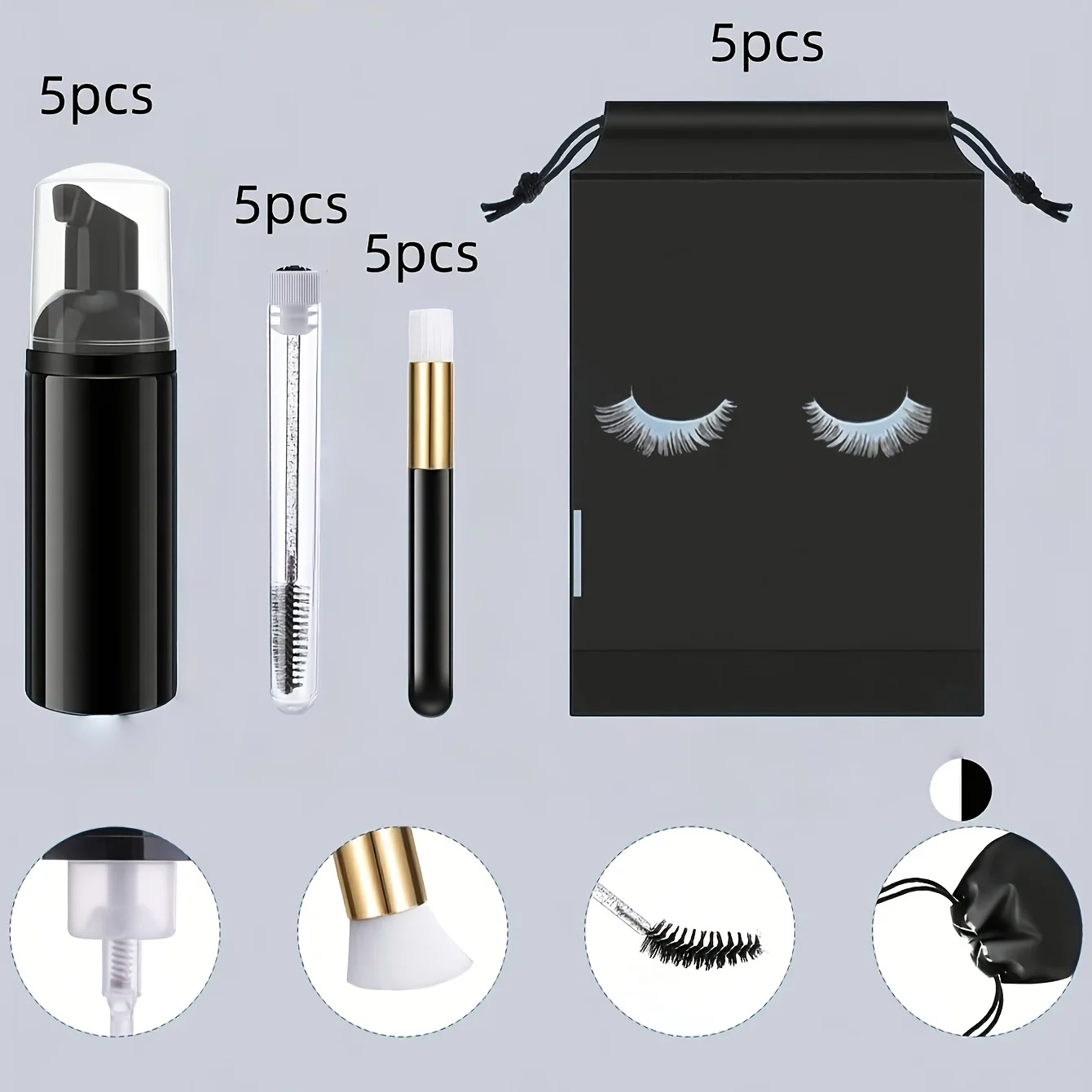 مجموعة العناية بالرموش مكونة من 20 قطعة - 5 مضخات إسفنجية + 5 فرش تفاصيل + 5 أكياس توزيع عصا + 5 أكياس تخزين |   مجموعة سفر صالون النظافة