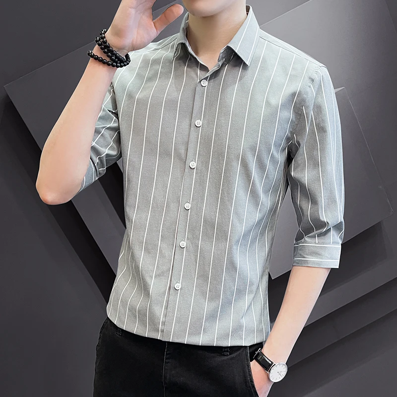 

Men's Slim Fit Striped Shirt Short Sleeve Seven Sleeve Spring Summer Business Casual High End Feeling mid Sleeve Men's Clothing