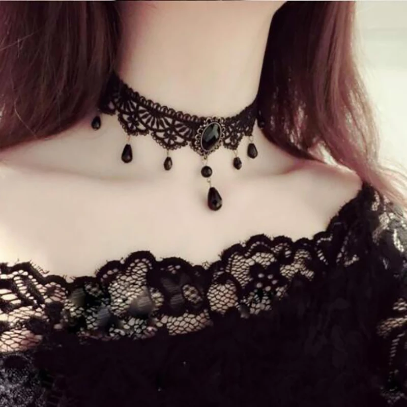 

Gothic Victorian Black Lace Necklace Women Girl Boho Crystal Tassel Sexy Lace Choker Dark Loli Style Holiday Party Girl Jewelry