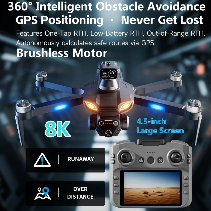 

8K GPS Return MINI Foldable Brushless WIFI FPV RC Drone 360° Obstacle Avoidance Headless 4.5in Screen Remote Control Quadcopter