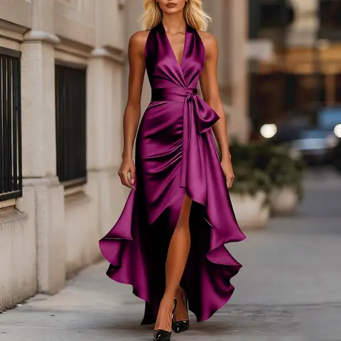 Women's Deep V-neck Ruffled Evening Gowns Solid Color Lace-up High Waist Satin Party Dresses Wedding Guests Dress