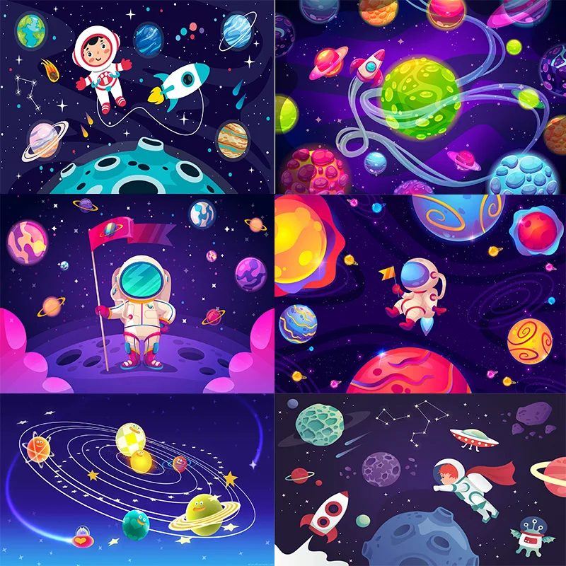 

Cute cartoon space background birthday party baby shower photography vinyl background children's room decoration poster