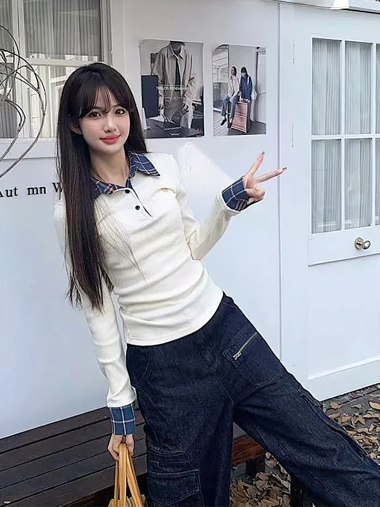 Preppy بولو الرقبة متماسكة منقوشة طويلة الأكمام تي شيرت المرأة كاذبة 2 قطعة الأساسية الأعلى الخامس الرقبة زر البلوزات تيز 2025 جديد