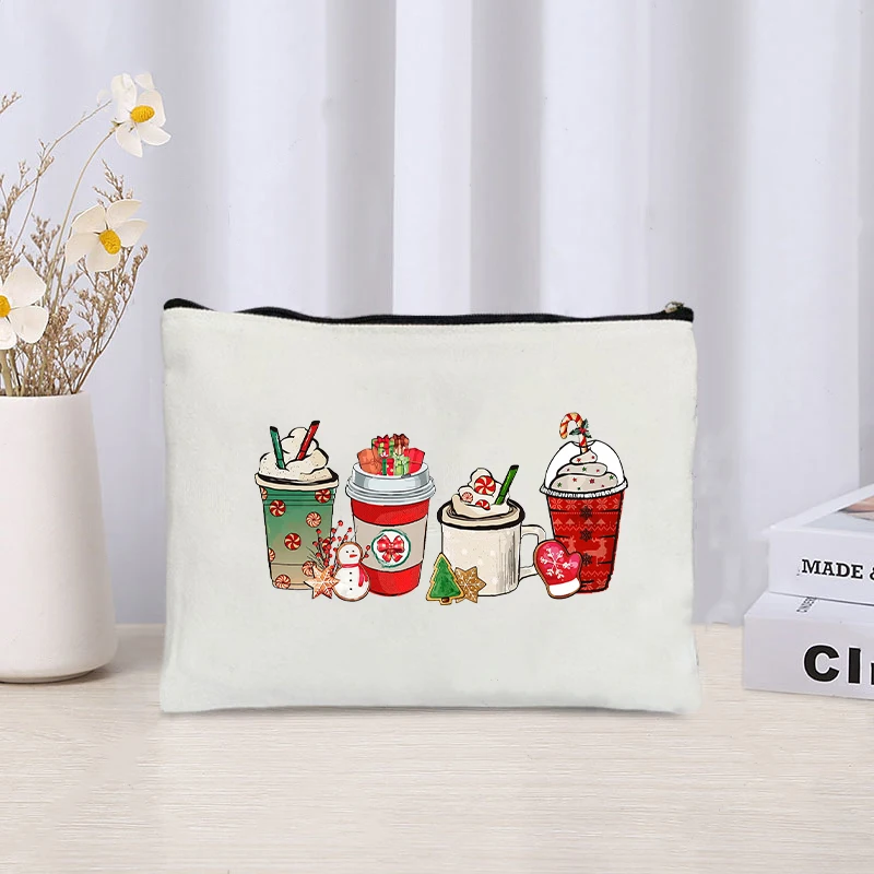 Santa Claus Deer Wine Glass Printed Canvas Cosmetic Bag Perfume Lipstick Storage Pouch Zipper Pencil Case Christmas Party Gifts