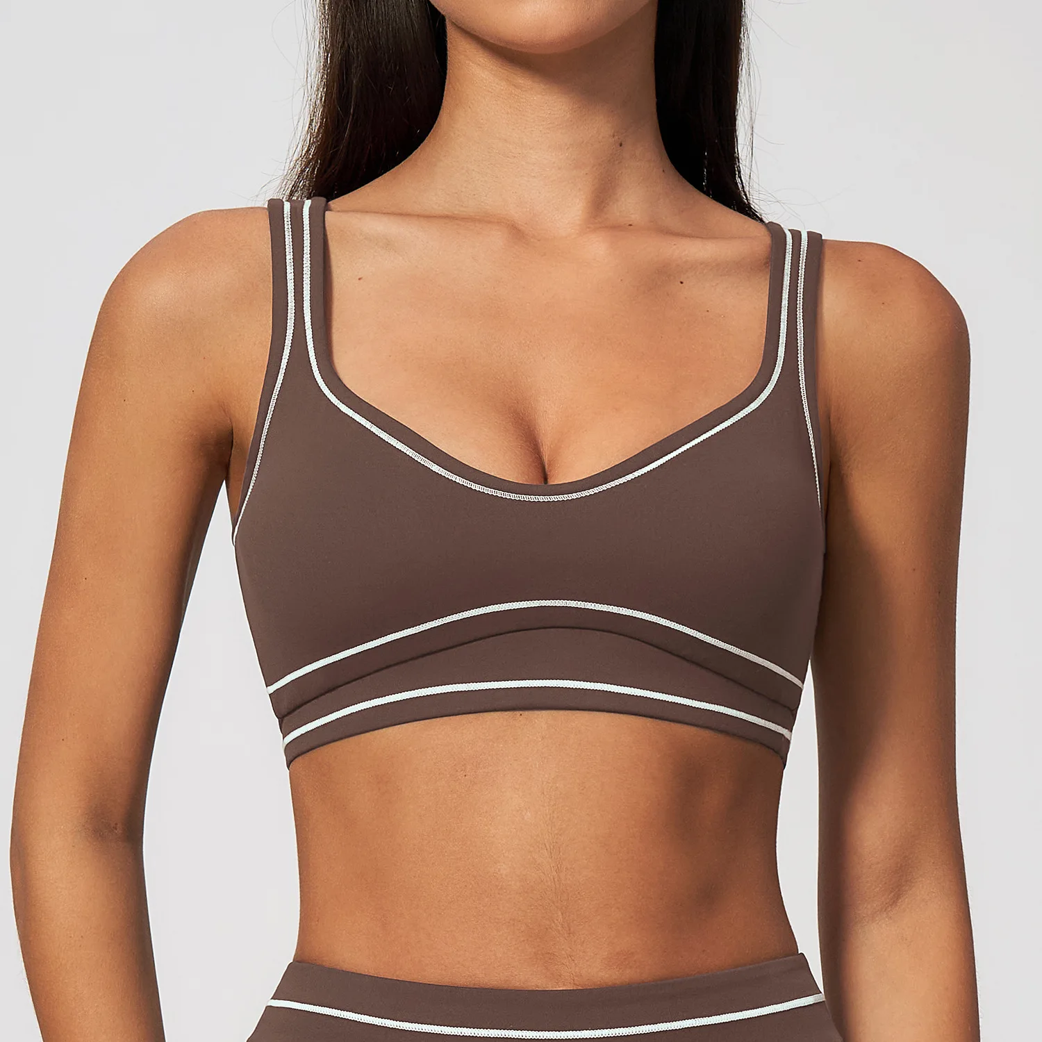 Farbblockierender Stoßdämpfender Lauf- und Yoga-BH für Damen mit Herausnehmbaren Brustpolstern, Raffung und Stoßschutz, Workout-Top, Sport-BH – Detail 9