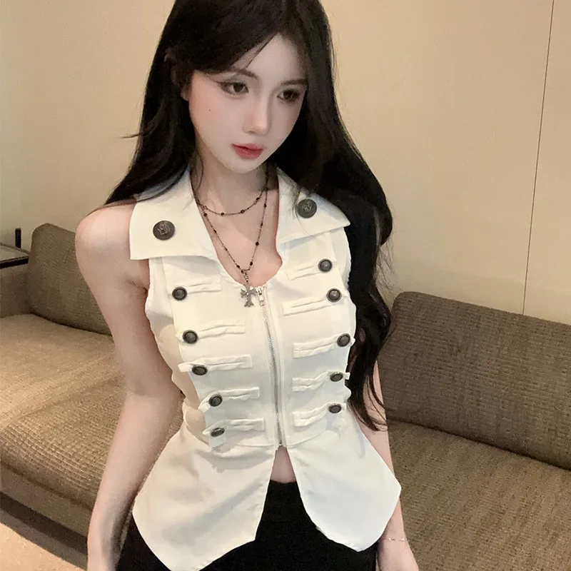 

Metallic Double-Breasted Slim Fit Waist-Cinching Zipper Collar Vest Women's Faion Autumn Winter New Sle American Retro V-...