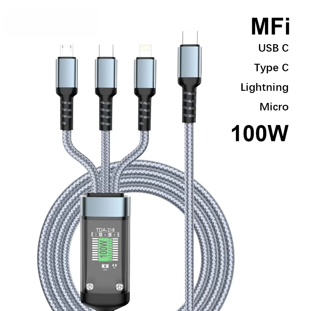 

Кабель для быстрой зарядки 3 в 1, 100 Вт | Интерфейс Type-C, Micro, USB, совместимый с смартфонами, удобный для переноски.