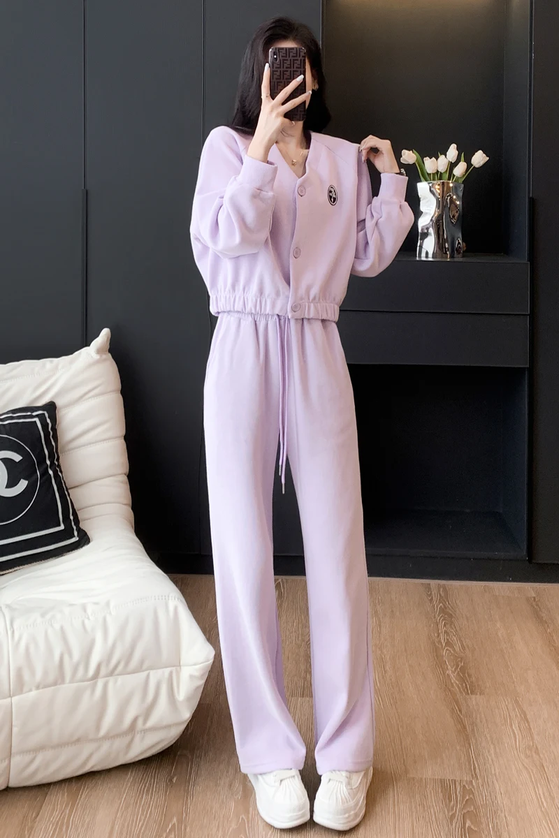 Imagem -05 - Conjunto de Duas Peças Ins-roxo para as Mulheres Hoodie Solto e Calças de Perna Larga Jaqueta Gola v Estilo Coreano para Corredores Outono