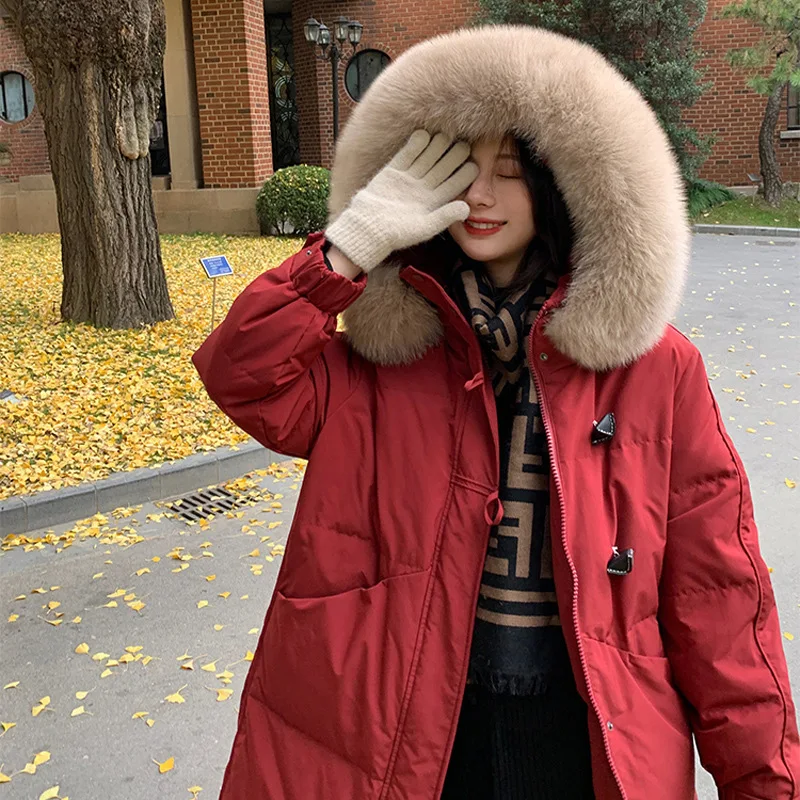 Women Parkas Cotton Padded Coat Long Jacket Hooded Fur Collar Single Breasted Thick Windproof Puffer Outerwear Winter Overcoat