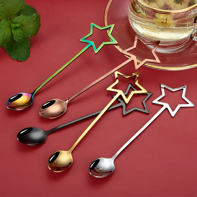 1PC Stainless Steel Coffee Spoon Five-pointed Star Mixing Spoon Long Handle Mixing Spoon Fruit Fork Kitchen Tableware