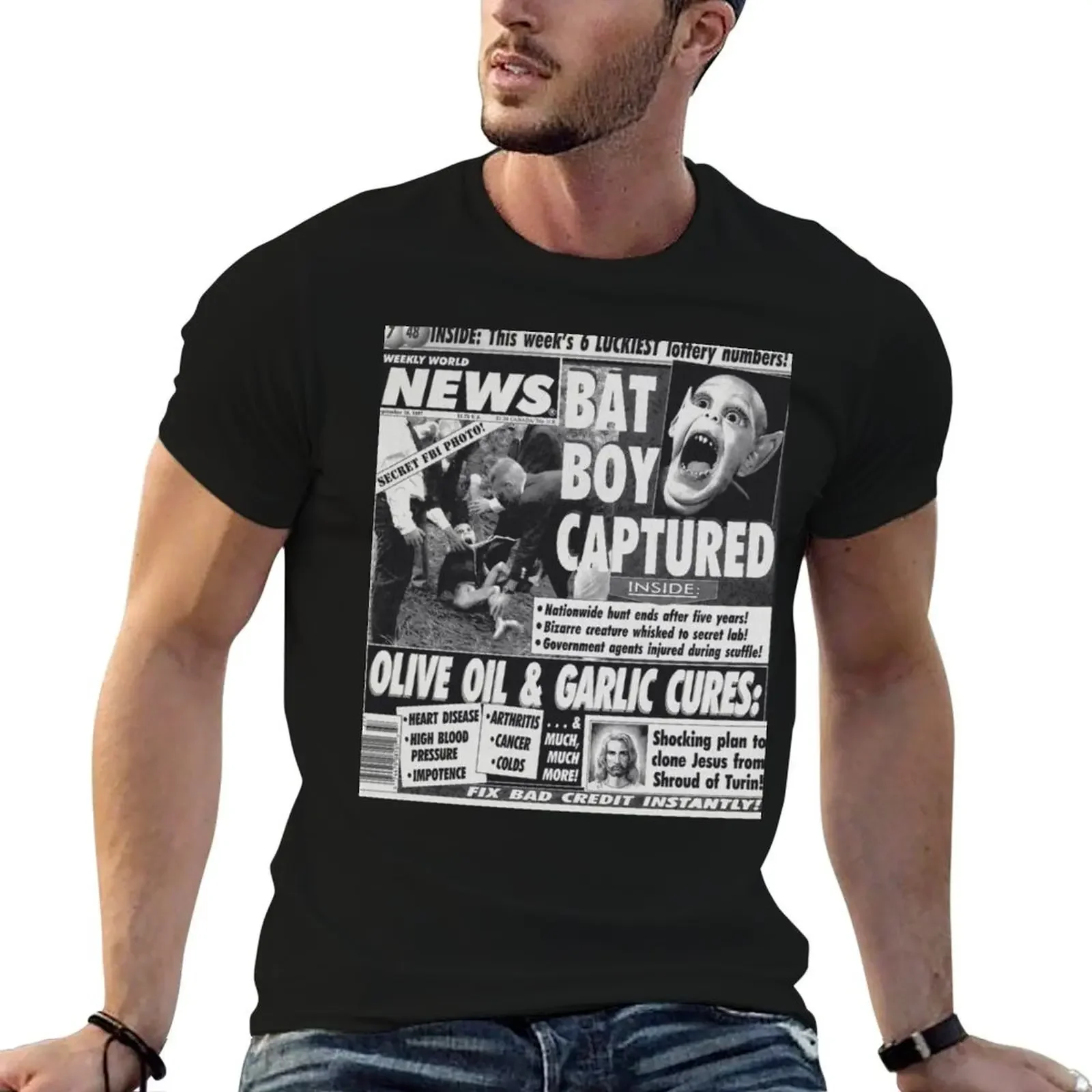 Bat boy captured bizarre odd strange enquire magazine article weekly news clone jesus T-Shirt blue archive mens t shirt graphic