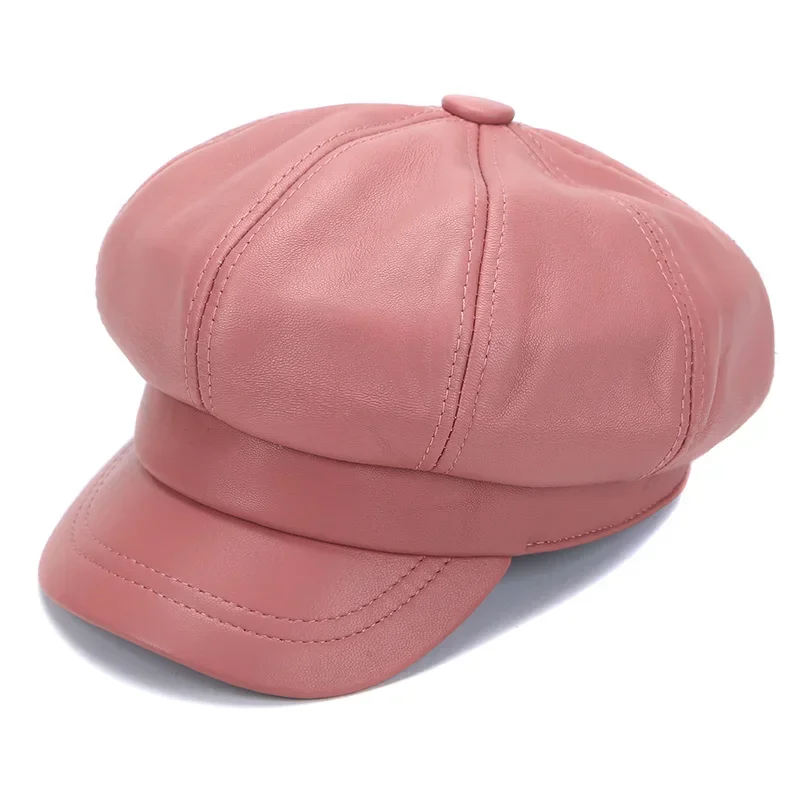 Real Leather Cap Women Solid Baker Boy Cap Red Black Blue Pink Vintage Brand Ladies Winter Octagonal Painter\'s Hat