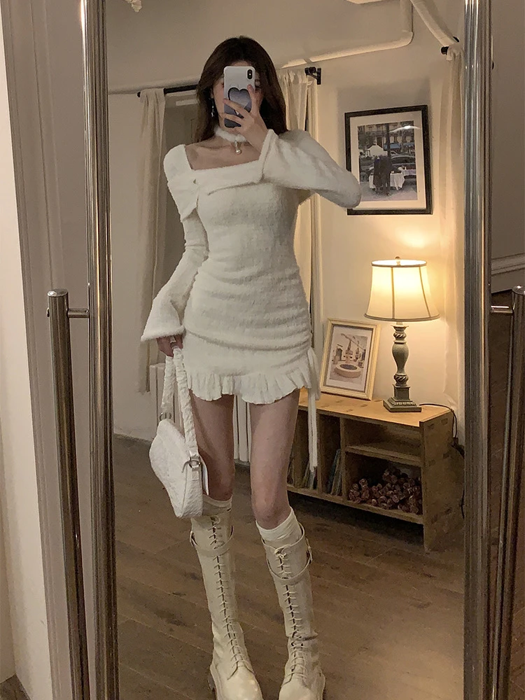 Elegant Short Party Dress Women Casual Long Sleeve French Sweet White Mini Dress 2024 Spring One Piece Dress Korean Fashion