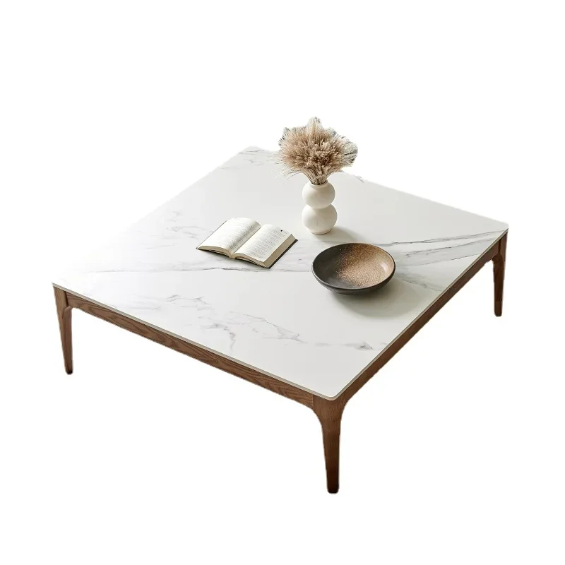 

Hxl -Style Light Luxury Coffee Table Stone Plate Solid Wood Living Room Square Marble Tea Table